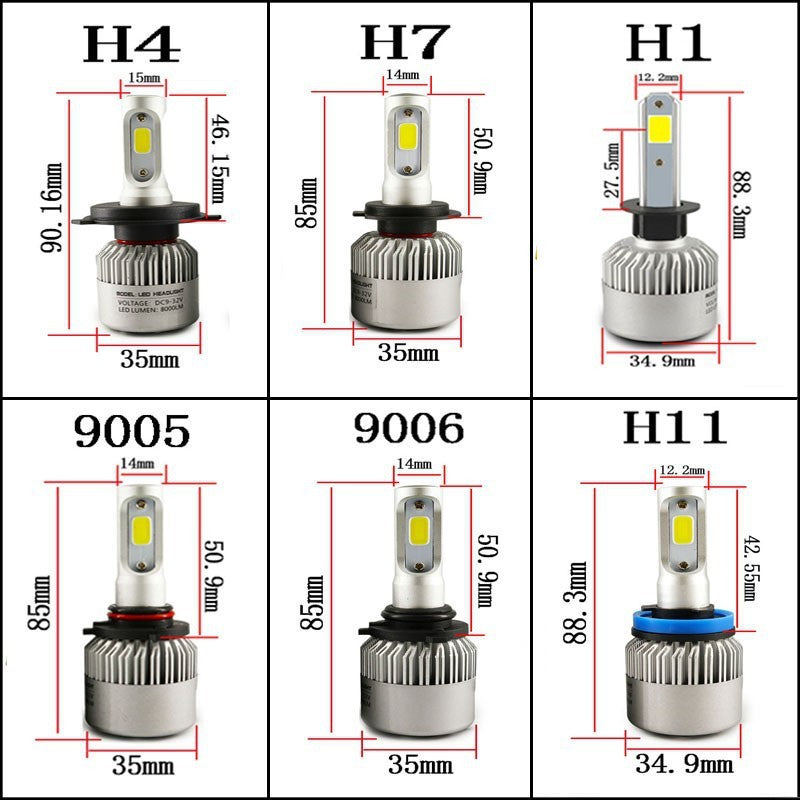 Comparison chart of different types of car headlight bulbs with dimensions.