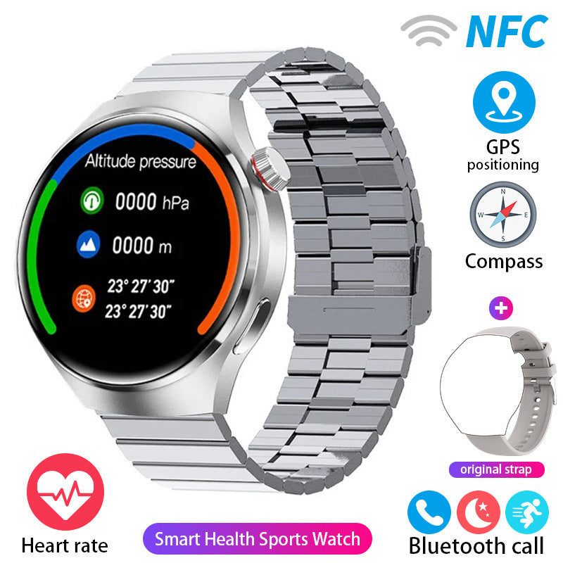 Silver-color round smartwatch with silver link bracelet and altitude-themed screen