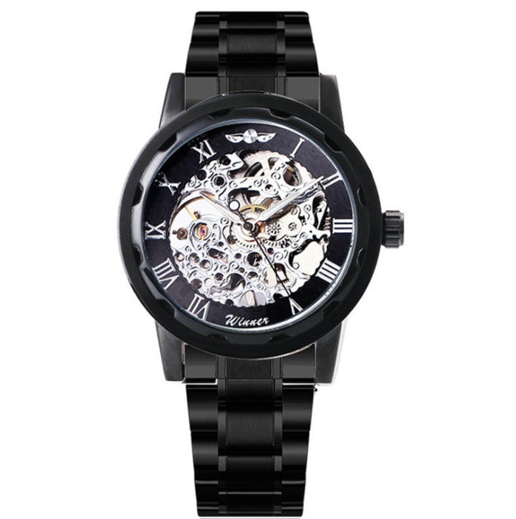 Black wristwatch with mechanical design on a white background