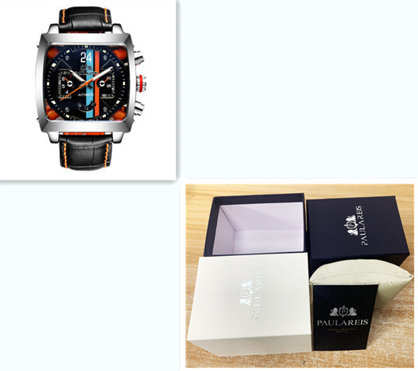 Luxury watch with black leather strap and detailed face, displayed with open Paulareis box.