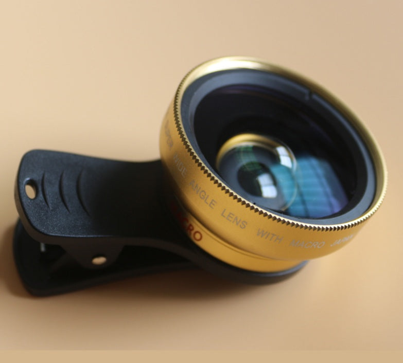 Gold phone lens kit with clip-on mount and wide-angle lens glass