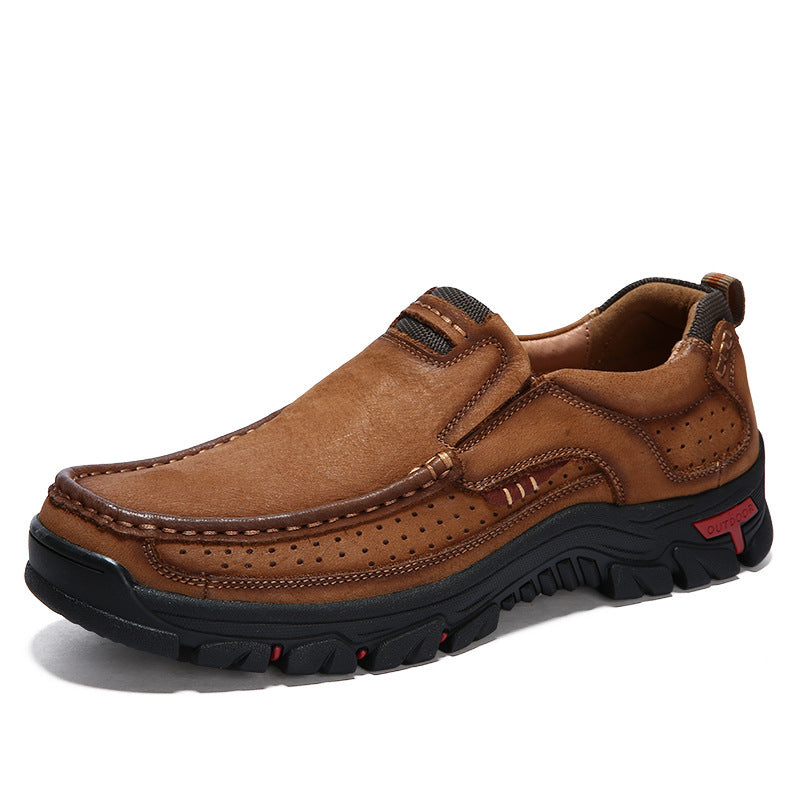 Men's cowhide leather lace-up shoes, tan upper with brown laces and rugged tread