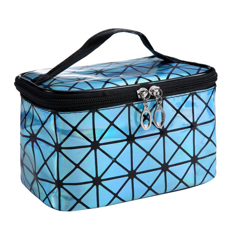 Holographic cosmetic bag with black zip top, geometric lattice pattern, double metal zipper pulls.
