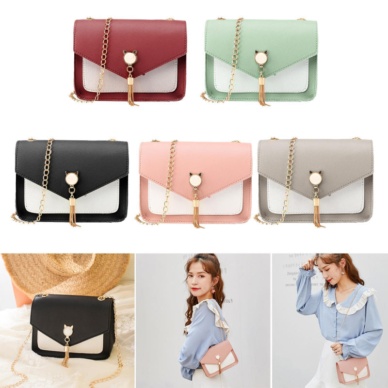 Small square PU crossbody bag in wine red with white contrast panel and gold chain tassel charm