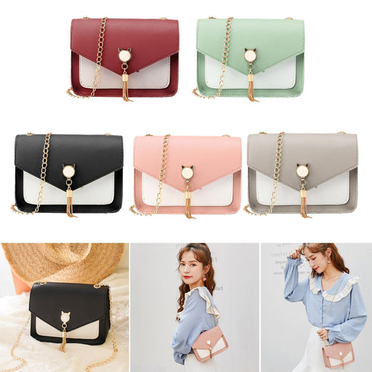 Collage of handbags in various colors with a woman wearing one of them.