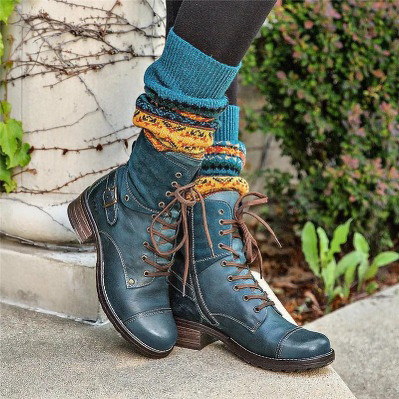 Women’s low-heeled ankle boots, round toe, teal lace-up leather look