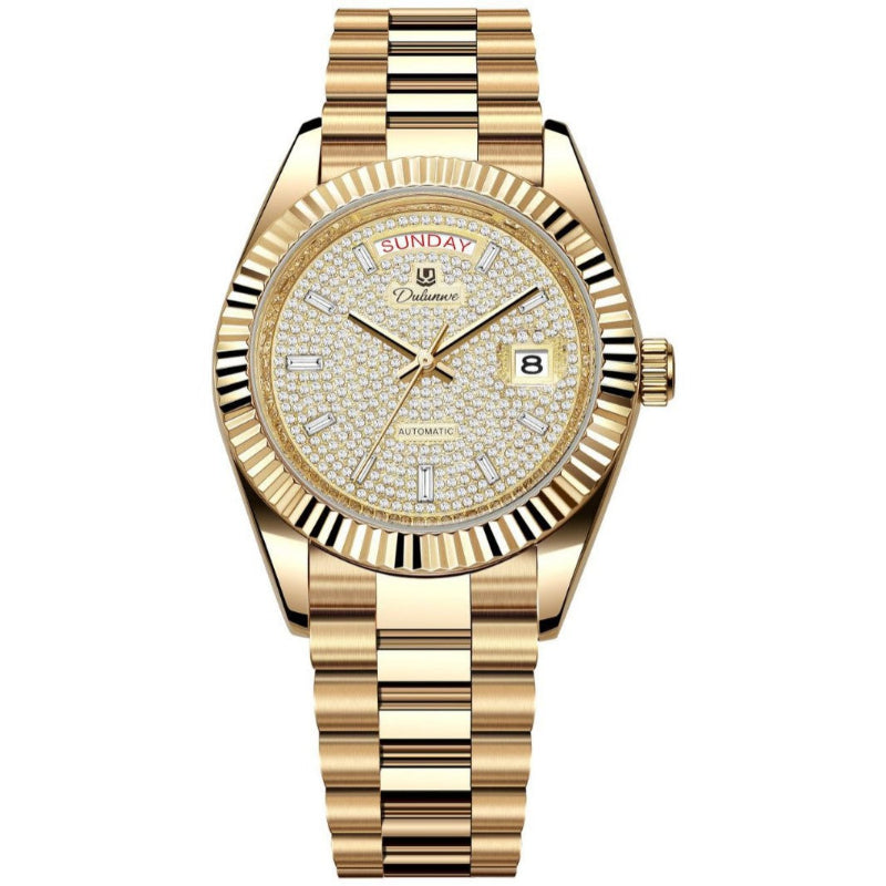 Gold-tone men’s automatic mechanical watch with sparkling gold dial and date window on bracelet