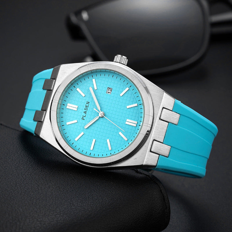 Men's quartz watch with turquoise silicone strap, teal dial, date window
