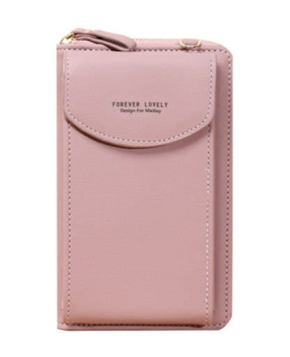 Pink PU leather crossbody wallet bag with front flap and small top handle