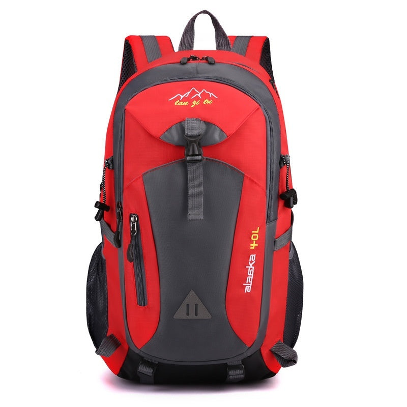 Red outdoor backpack with black straps, front zip pocket, and two side storage pockets.