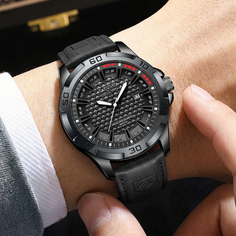 Men's black quartz wristwatch with textured black dial, red markers, and black leather strap