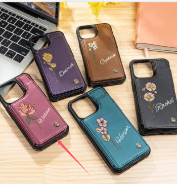 Assorted floral phone cases with camera cutouts in purple, teal, pink, brown, and black.