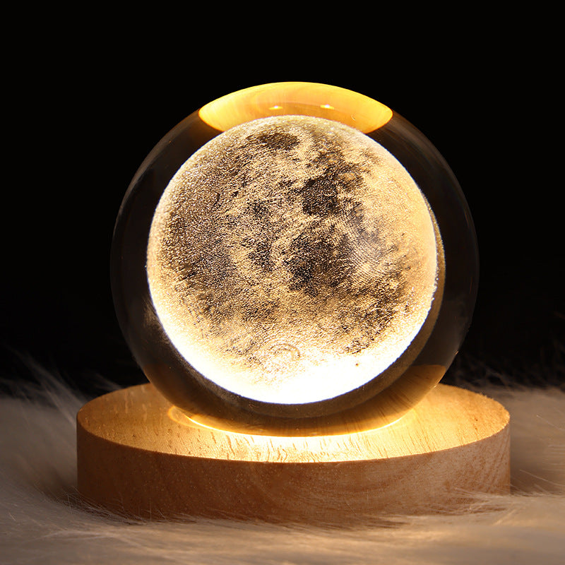 LED crystal ball night lamp with wooden base and bright moon-like glow in glass dome