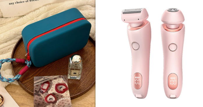 2-in-1 hair removal epilator in pink with LED display, shown with teal case