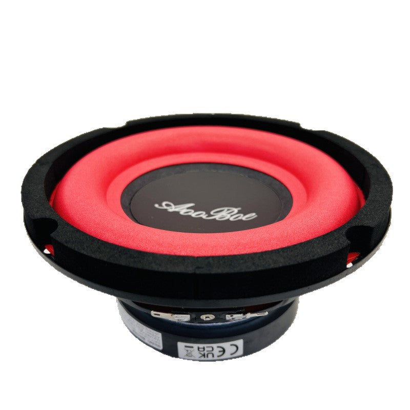 6.5-inch car subwoofer with red cone, black center badge, and black rim