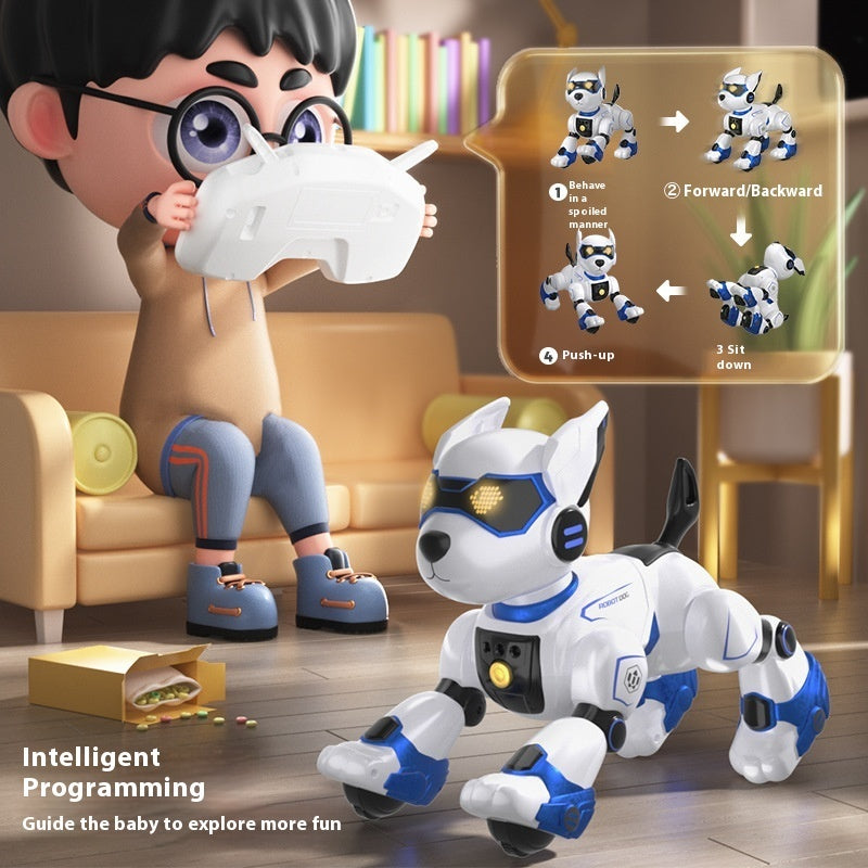 Child playing with a robot dog toy in a living room setting