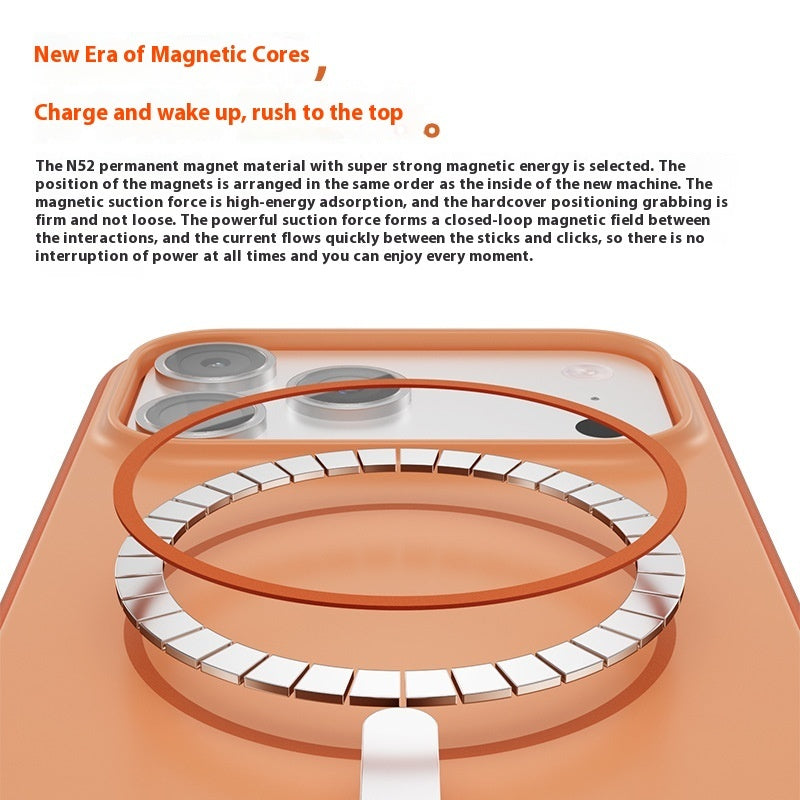 Orange magnetic phone case top view with circular metal core ring and camera openings