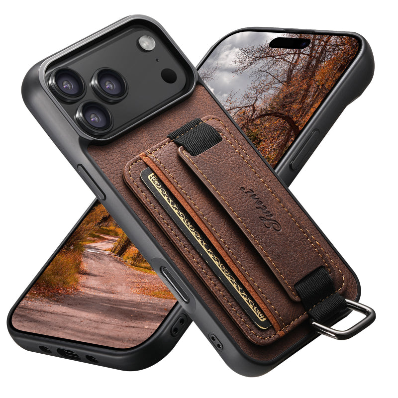 Brown leather phone case with strap on a white background