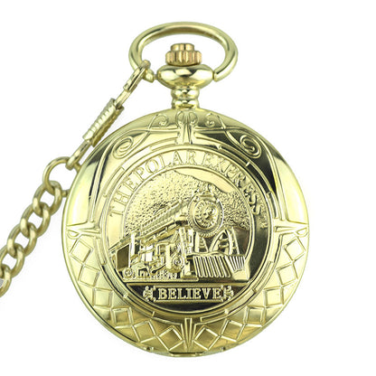Gold pocket watch with decorative case on a white background