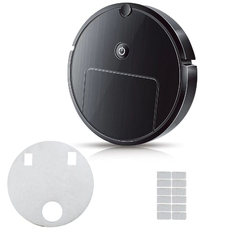 Black round robot vacuum cleaner with additional filters on a white background
