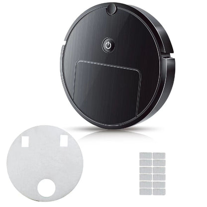 Black round robot vacuum cleaner with additional filters on a white background