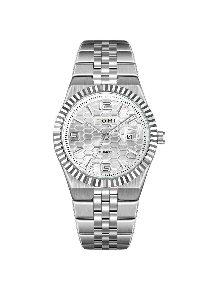 Men's minimalist quartz dress watch with silver metal bracelet and white honeycomb dial, date 14