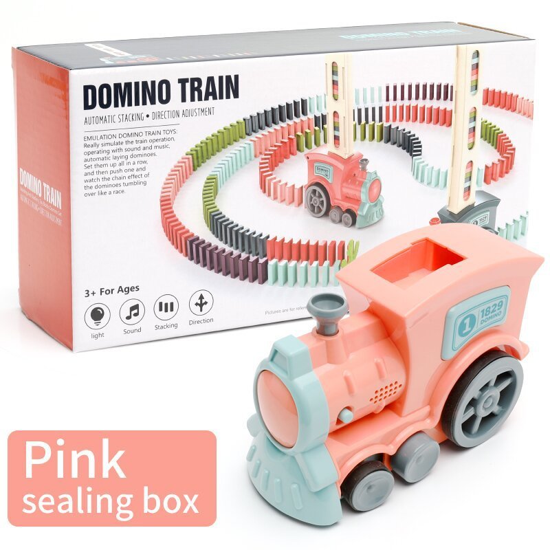 Pink domino train toy with seal-shaped box and clear window on wheels