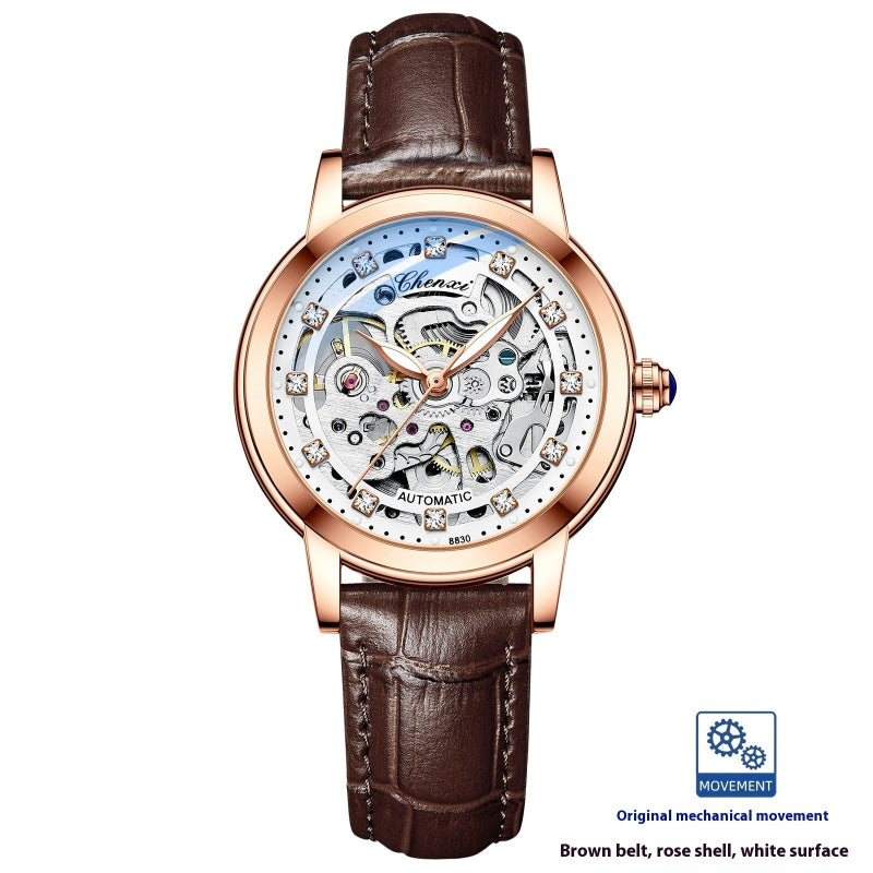 Rose gold skeleton mechanical watch with brown leather strap and open dial