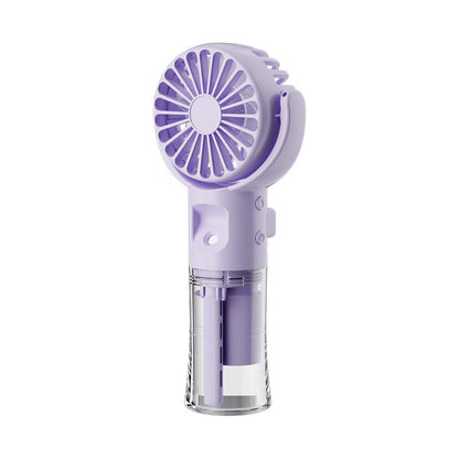 Purple spray fan with round grille, transparent mist chamber, and clip handle