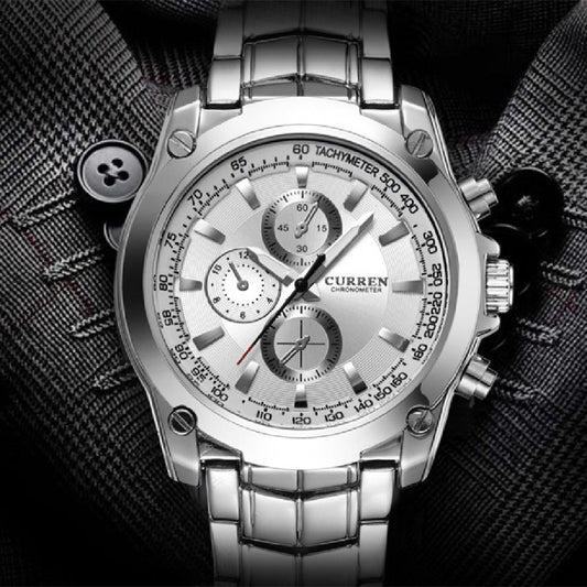 Men's business quartz watch with silver alloy bracelet and white multi-dial face