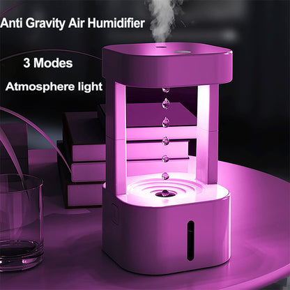 Purple anti-gravity air humidifier with steam release on a dark background