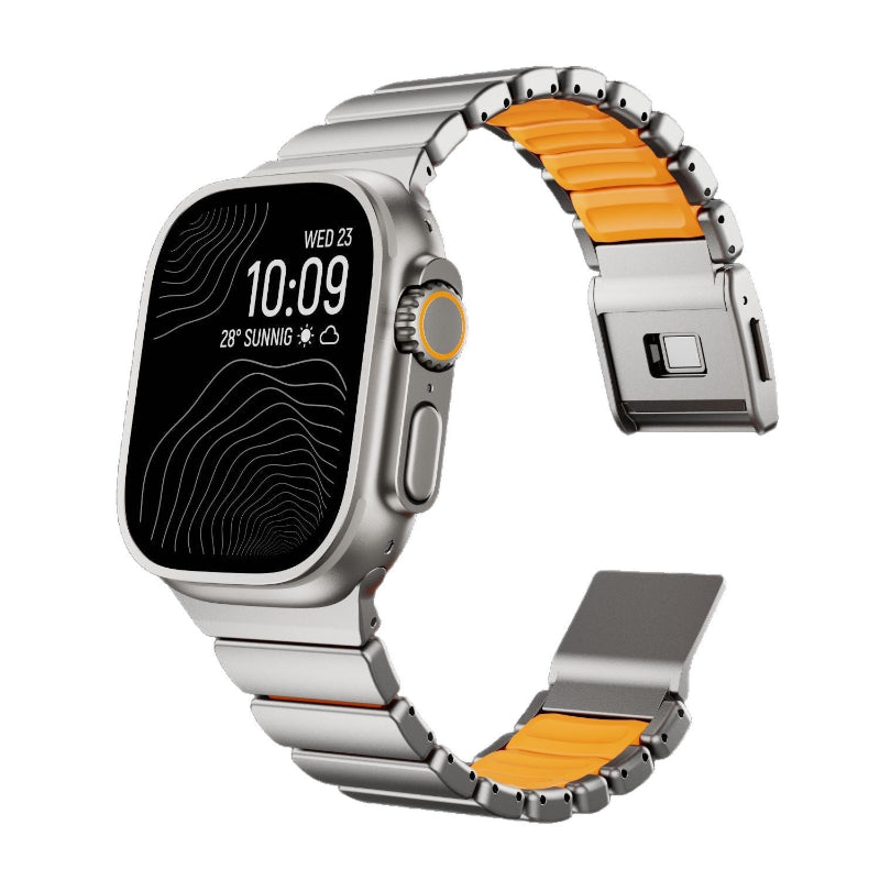 Smartwatch with a metallic band on a white background