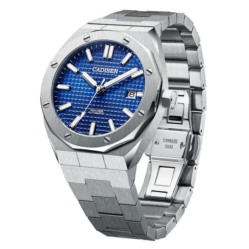 Stainless steel automatic mechanical watch with blue grid dial and metal bracelet.