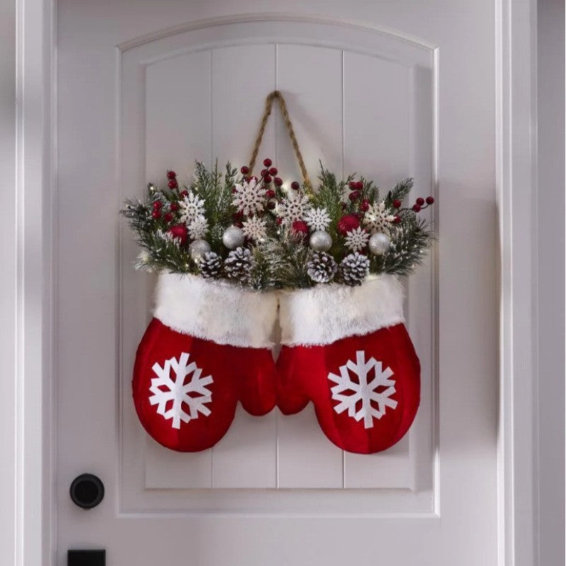 Hanging Christmas glove ornament set on door: red snowflake gloves with white trim and wreath