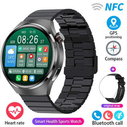 Black round smartwatch with black link bracelet and green information display