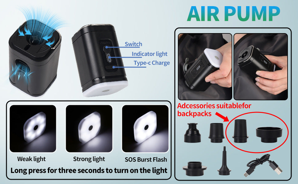 Air pump device with indicator light, Type-C charging, and accessory nozzles