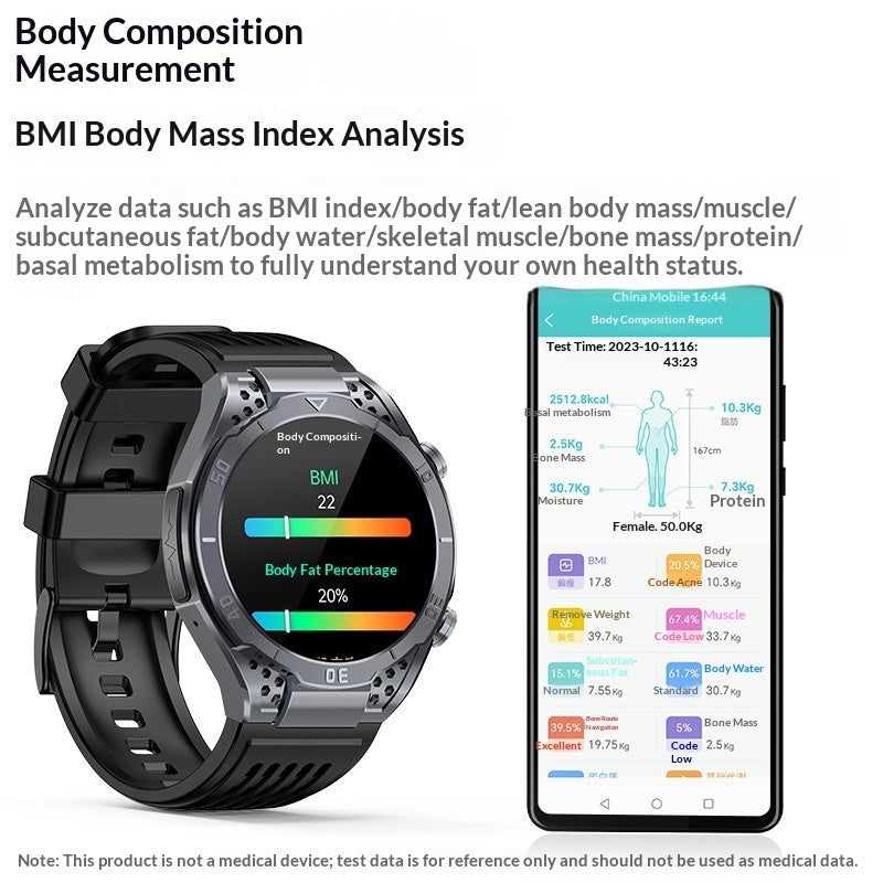 Round smartwatch showing a body-composition screen beside a phone app illustration