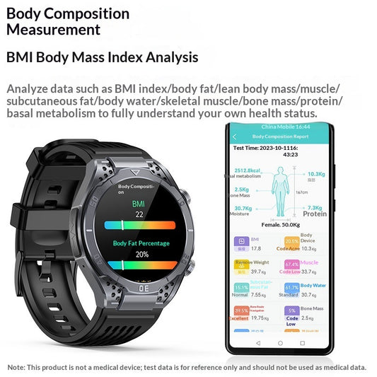 Round smartwatch showing a body-composition screen beside a phone app illustration
