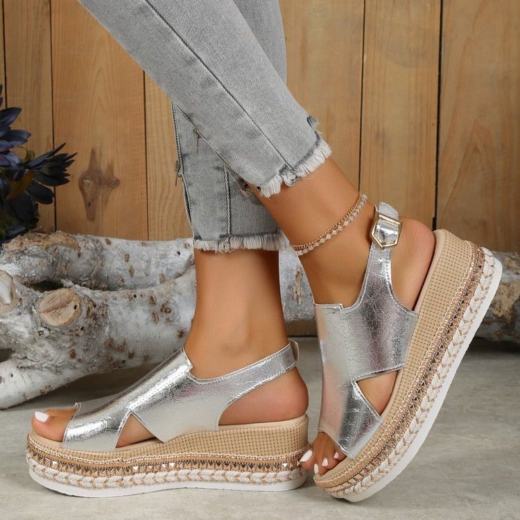 Women's Silver sandals with woven straps.  YAXSO STORE UAE