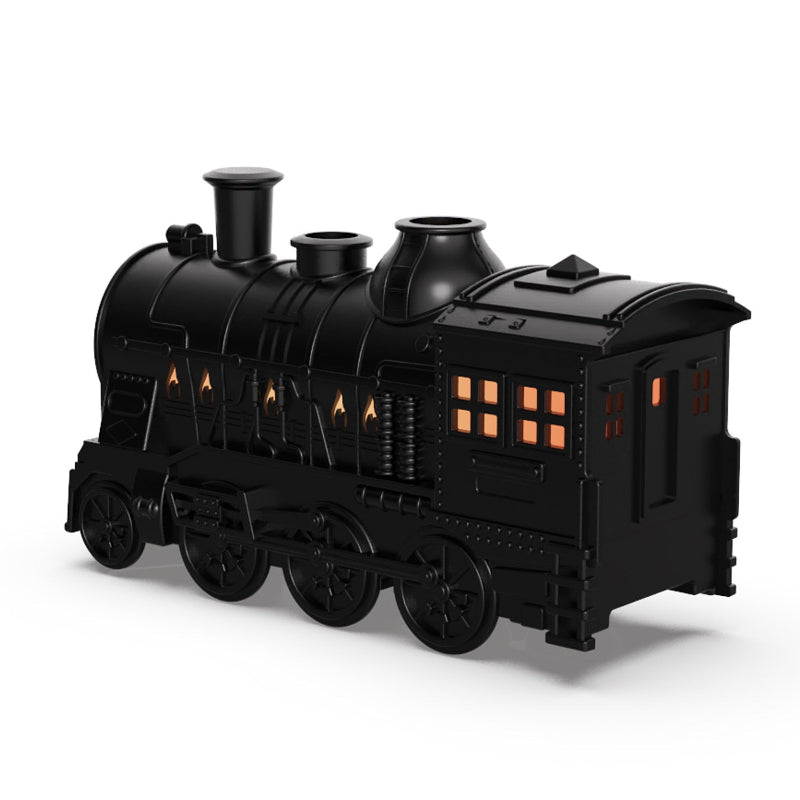 Black train aromatherapy diffuser humidifier with LED lighted windows and flame icons