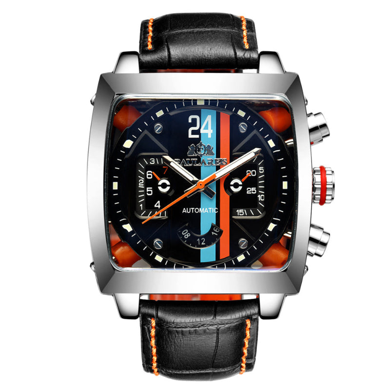 Wristwatch with black leather strap and colorful face on a white background