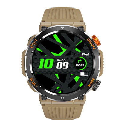 Beige sport smartwatch with round face, bright green display accents, rubber strap