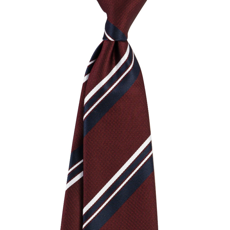 Burgundy necktie with navy and white diagonal stripe pattern
