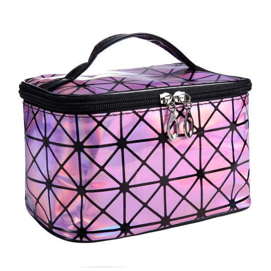 Holographic cosmetic bag in purple with black handle, zipper, and geometric pattern