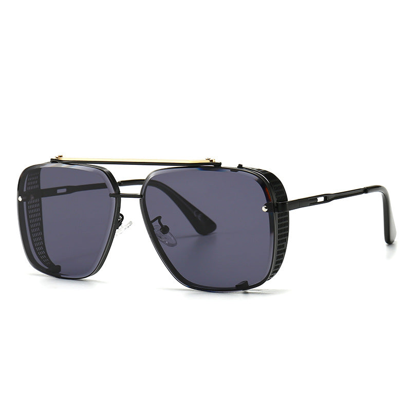 Oversized square sunglasses with dark purple lenses and black textured side panels