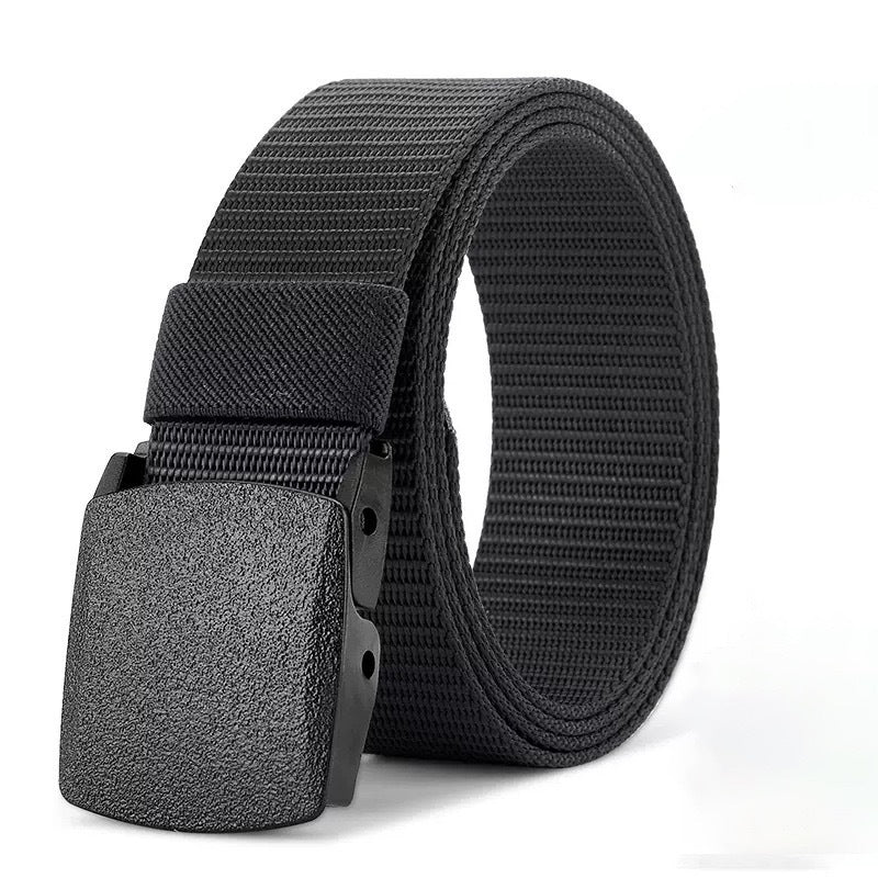Black belt with a textured buckle on a white background