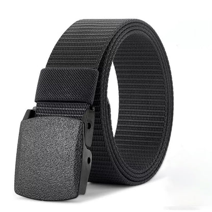 Black belt with a textured buckle on a white background