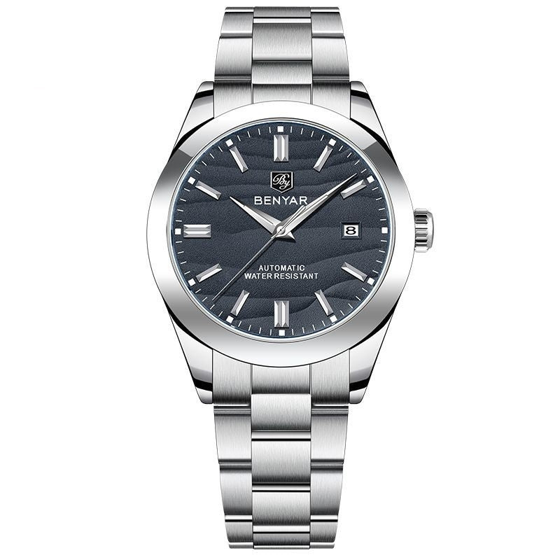 Men's automatic watch with dark blue dial and silver metal bracelet