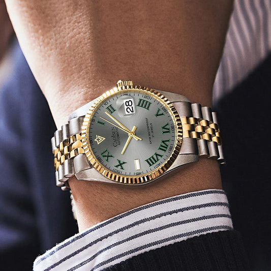 Men's automatic mechanical watch with two-tone bracelet, green dial, and gold-accent bezel
