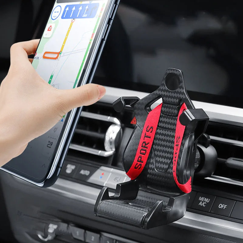 Racing seat car phone holder with red ribbon accents, handheld phone placement